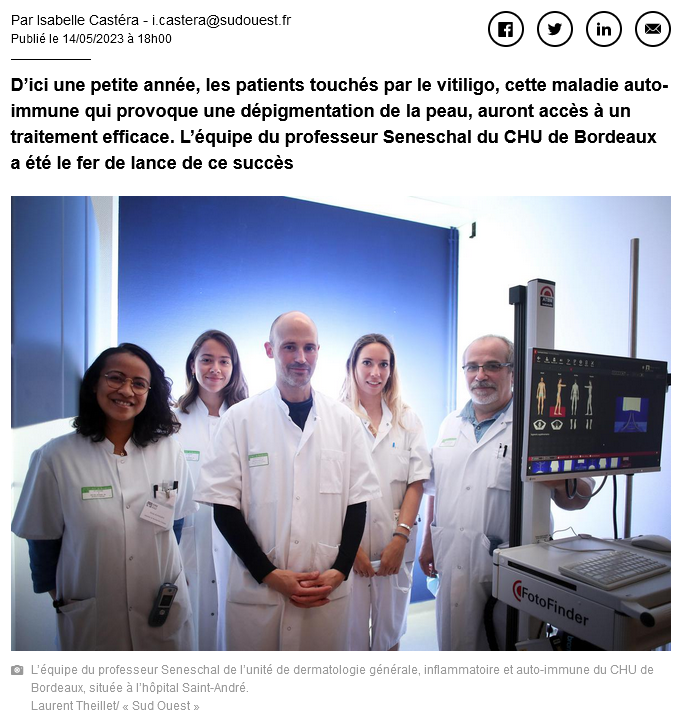 CHUBordeaux's tweet photo. [#ARTICLE] "#Vitiligo : comment le @CHUBordeaux  a contribué au premier traitement efficace contre la maladie" via @SO_Bordeaux 
Bravo à  l’équipe de #dermatologie avec le Pr Julien Seneschal, un des trois centres experts du vitiligo en France ! #peau 
 https://t.co/oWYJrppgeK https://t.co/bOdV0BK0mg