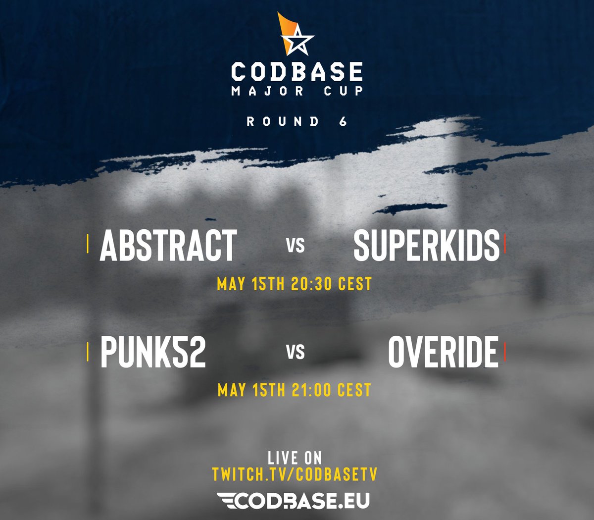 CODBASEeu's tweet photo. #CODBASEeu #MajorCup12 Round 6 last 2 matches LIVE today! 🏆
🇨🇿ABStract v 🇭🇺SUPERKIDS ⏰ 20:30 CEST
🇭🇺PUNK52 v 🇫🇷OVERiDE ⏰ 21:00ish CEST
PUNK52 v OVERiDE Live on twitch📺https://t.co/GMHpUcqM4U
#Gaming #CallofDuty #vCoD #Twitch #Stream #Live #eSports https://t.co/1XrDkmVdgi