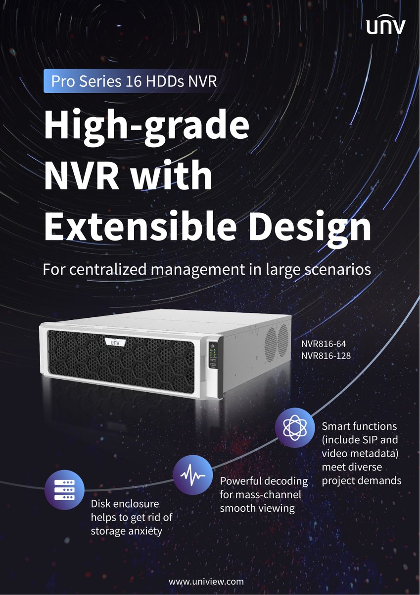 UniviewTech's tweet photo. ๐ฃ Exciting News! Introducing UNV Pro Series 16 HDDs NVR (NVR816-64, NVR816-128), the ultimate solution for centralized management in large-scale scenarios! ๐ Contact us for more: https://t.co/US4aOpcONY
#Uniview #NVR #CentralizedManagement #CuttingEdgeTechnology https://t.co/uvTNUvtLhd
