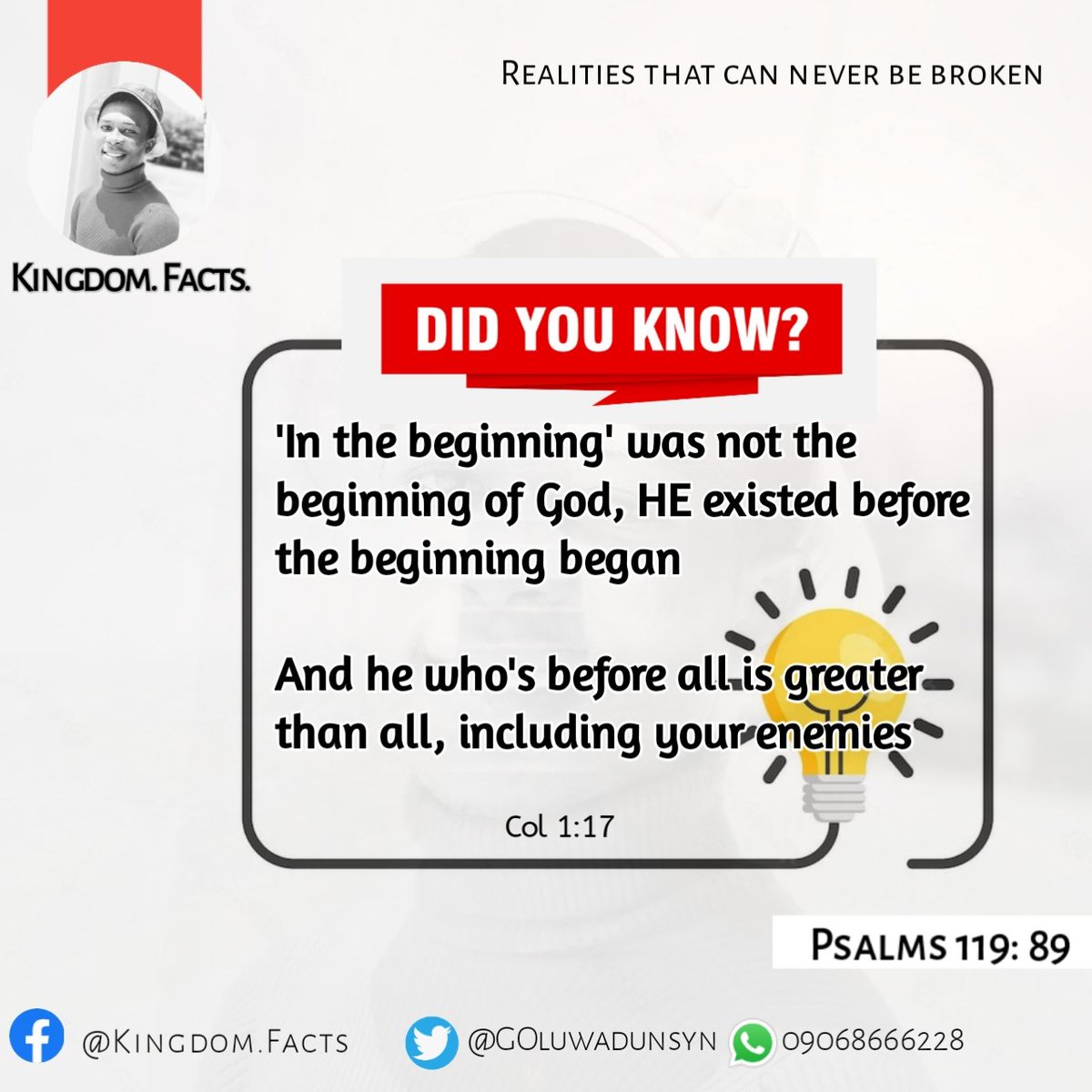 GOluwadunsyn's tweet photo. Col.1.17 - And he is before all things, and by him all things consist.

#KingdomFacts
#KingdomHearts 
#KingdomMemes https://t.co/PbgiixQFbp