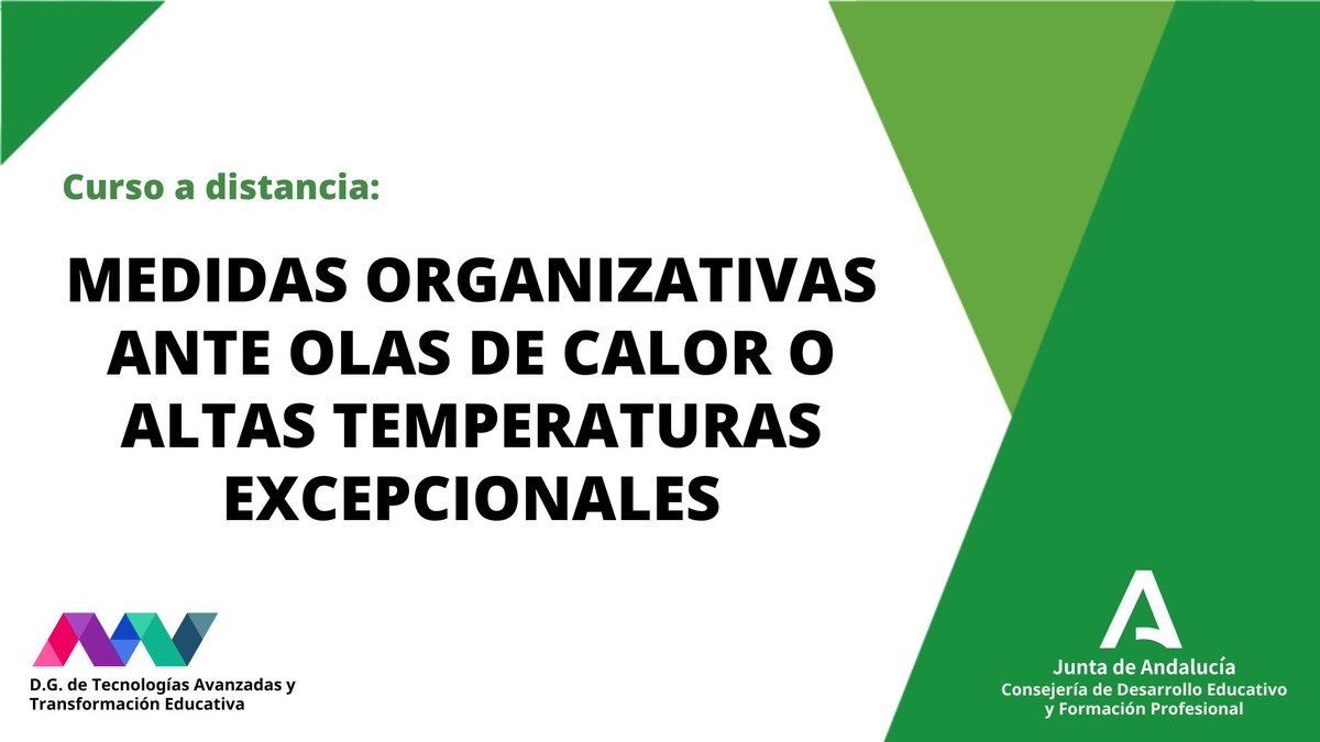 💻 #AVFP ➡️ Curso regional a distancia: 👇
"MEDIDAS ORGANIZATIVAS ANTE OLAS DE CALOR O ALTAS TEMPERATURAS EXCEPCIONALES"
<a href="/EducaAnd/">Consejería Desarrollo Educativo y FP</a> ✅

🏁 Inicio: Del 22/05 al 12/06/2023
✏️ Inscripción: Del 15/05 hasta 19/05 a las 9:00 am en 🔗lajunta.es/461ys