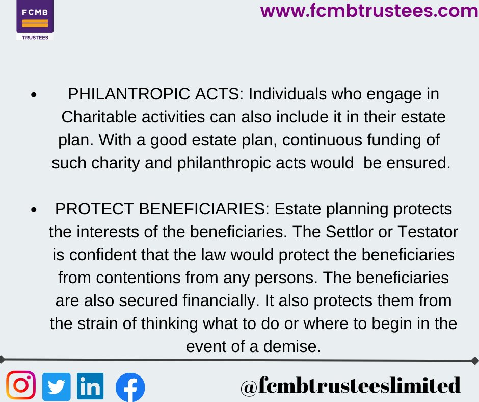 fcmbtrustees's tweet photo. In May's publication of the month, we are dissecting the advantages of planning one's estate.
Go to https://t.co/anlojY7Gk9 to begin your estate planning journey today.
Link in bio
#estateplanning #willsandtrusts #fcmbtrustees https://t.co/uvJECsMild