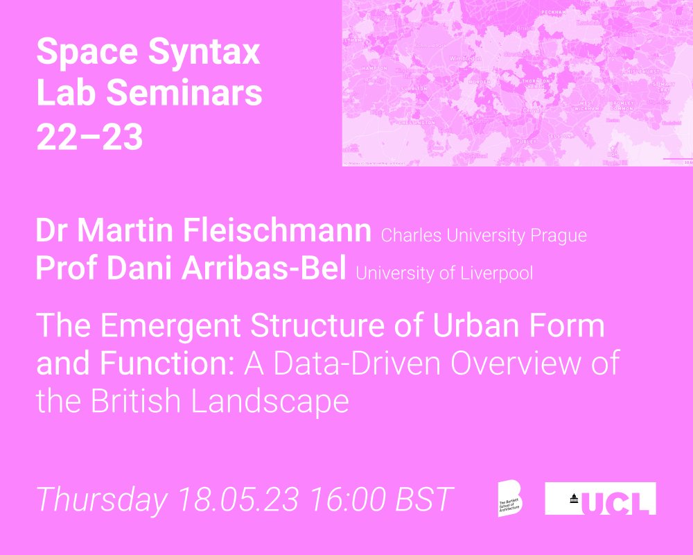 KimonKrenz's tweet image. Join us on Thursday 18.05 at 4pm BST to the next #SSLSeminars session by @martinfleis &amp;amp; @darribas who'll talk about their research on measuring #UrbanForm &amp;amp; #UrbanFunction in Great Britain. @spacesyntax@a.gup.pe 

Register: ucl.zoom.us/meeting/regist…
Details: bit.ly/SSLSeminars
