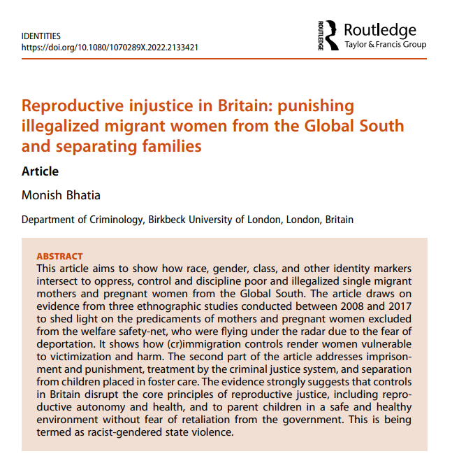 'Reproductive injustice in Britain: punishing illegalized #migrant women from the Global South and separating families' by <a href="/DrMonishBhatia/">Monish Bhatia</a>

Exploring how #race, #gender &amp; #class intersect to oppress &amp; control #migrant mothers from the #GlobalSouth ➡️
doi.org/10.1080/107028…