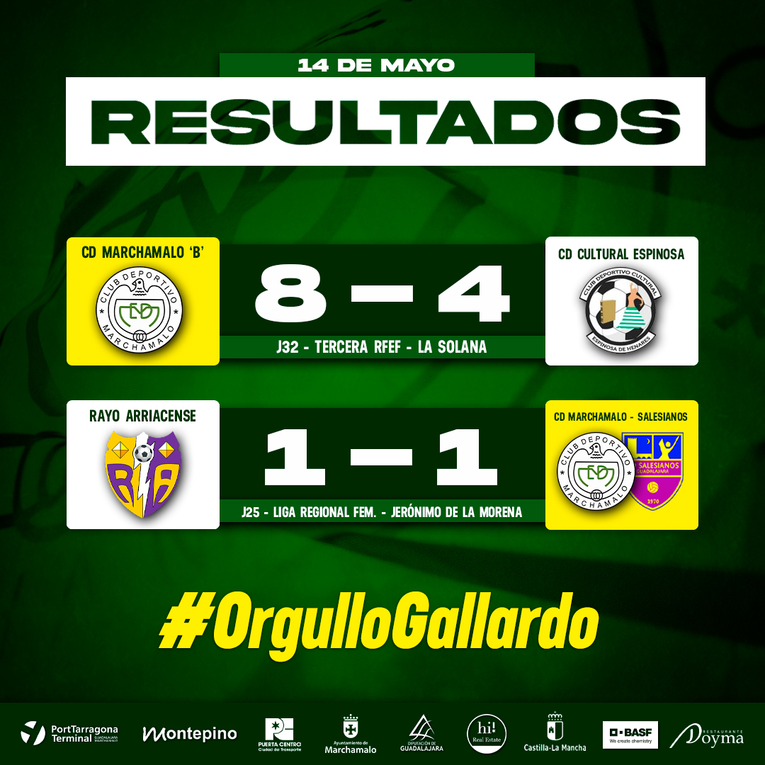 | RESULTADOS |

👇 ¡Así han sido los resultados de nuestros equipos este fin de semana!

CD Marchamalo 'B' 8 - 4 CD Cultural Espinosa
Rayo Arriacense 1 - 1 CD Marchamalo/CD Salesianos

#OrgulloGallardo