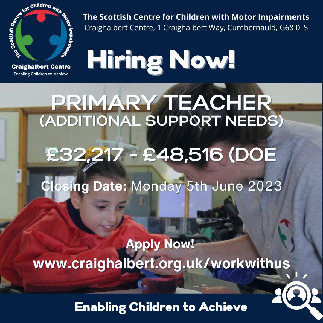 Craighalbert's tweet photo. Closing Date Extended!

We are expanding our team and are recruiting a Primary Teacher to work with our new admissions aged 6 and below.

Closing Date: Monday 5th June 2023.

For more information visit https://t.co/eijvVfVdtL
#teachers #teacher #primaryteacher #primaryeducation https://t.co/l2l7fyqpjI