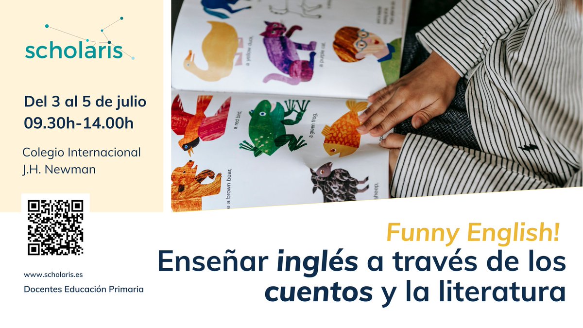 🔵ESCUELA DE VERANO SCHOLARIS
Enseñar inglés a través de los cuentos y la literatura
🗓️Del 3 al 5 de julio

Un taller para enseñar la lengua inglesa a través de lecturas de libros, canciones, obras de teatro...

✏️Apúntate:
scholaris.es/funny-english-…