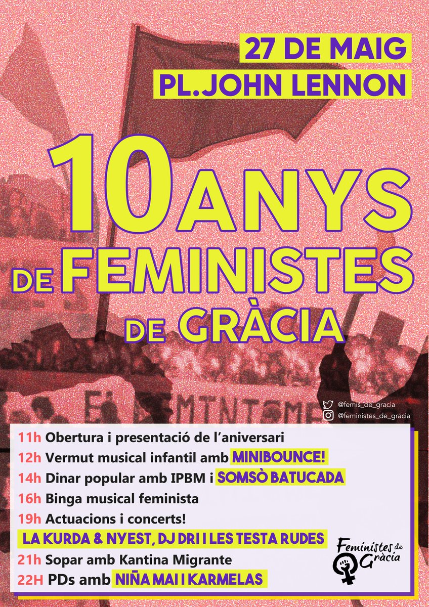 🎂🥳10 anys de l'assemblea 😍

📅 DS 27 de maig
📍 Pl John Lennon
⏰ A partir de les 11h

Hem preparat un dia molt complert per gaudir juntes aquesta data tan important! Perquè festa si, però lluita també! Us esperem amb moltes ganes 💜🔥