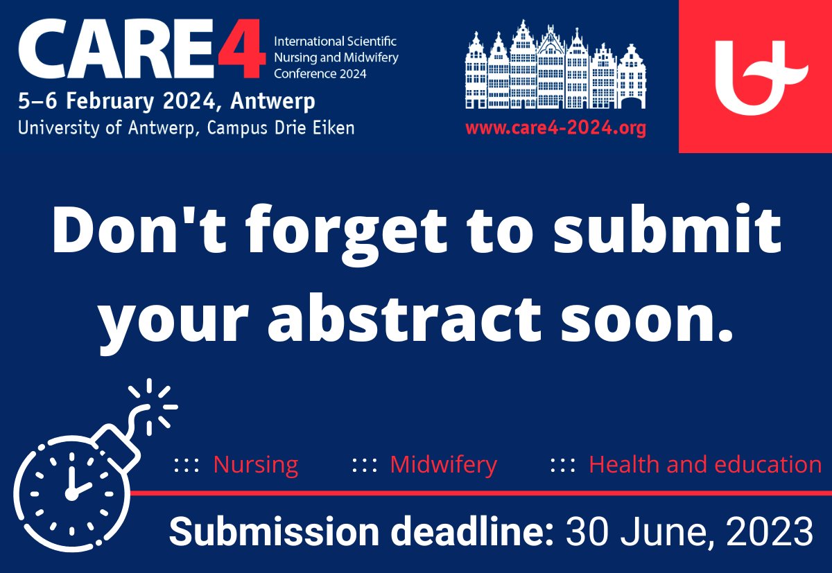 Care4Congress (@care4congress) on Twitter photo 📣 Calling all nurses, midwives, healthcare professionals, educators, and researchers!🩺👩🏫
⏰The abstract submission deadline is rapidly approaching on 30 June 2023.🗓️ Share your insights and make a lasting impact on the future of healthcare.
care4-2024.org/submission-acc…
<a href="/UAntwerpen/">UAntwerpen</a> 📣 Calling all nurses, midwives, healthcare professionals, educators, and researchers!🩺👩🏫
⏰The abstract submission deadline is rapidly approaching on 30 June 2023.🗓️ Share your insights and make a lasting impact on the future of healthcare.
care4-2024.org/submission-acc…
<a href="/UAntwerpen/">UAntwerpen</a>