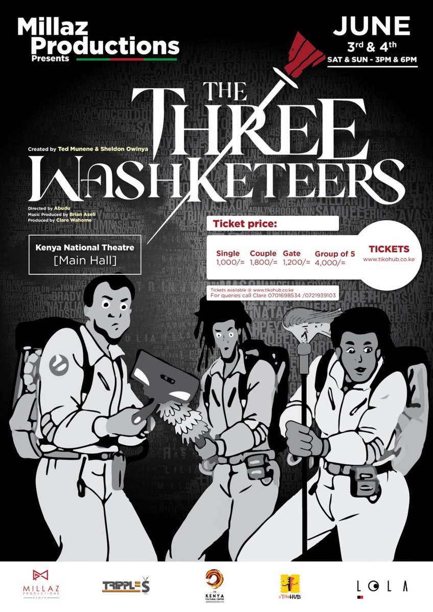 RobinMudavadi's tweet photo. This June 3rd and 4th at the Kenya National Theatre… Come see what we @Millazproducti1 do on stage💪🏾🤓
#TheThreeWashketeers https://t.co/8BoCMgutaA