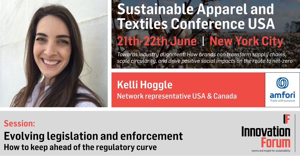 @amfori_intl's @kellihoggle will be speaking at @InnovaForum's Sustainable Apparel and Textiles Conference USA (21-22 June) in New York on legislation and enforcement. Register: innovationforum.co.uk/conferences/su… #IFapparelUS23 #sustainablesupplychains