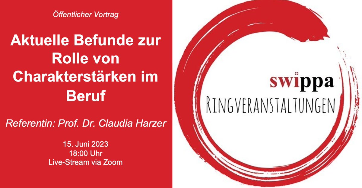 Die nächste Ringveranstaltung "Aktuelle Befunde zur Rolle von Charakterstärken im Beruf" findet am 15. Juni 2023 statt:

Weitere Informationen zur Veranstaltung unter folgendem Link

swippa.ch/de/veranstaltu…

#swippa #ringveranstaltung #dasguteleben #charakterstärken