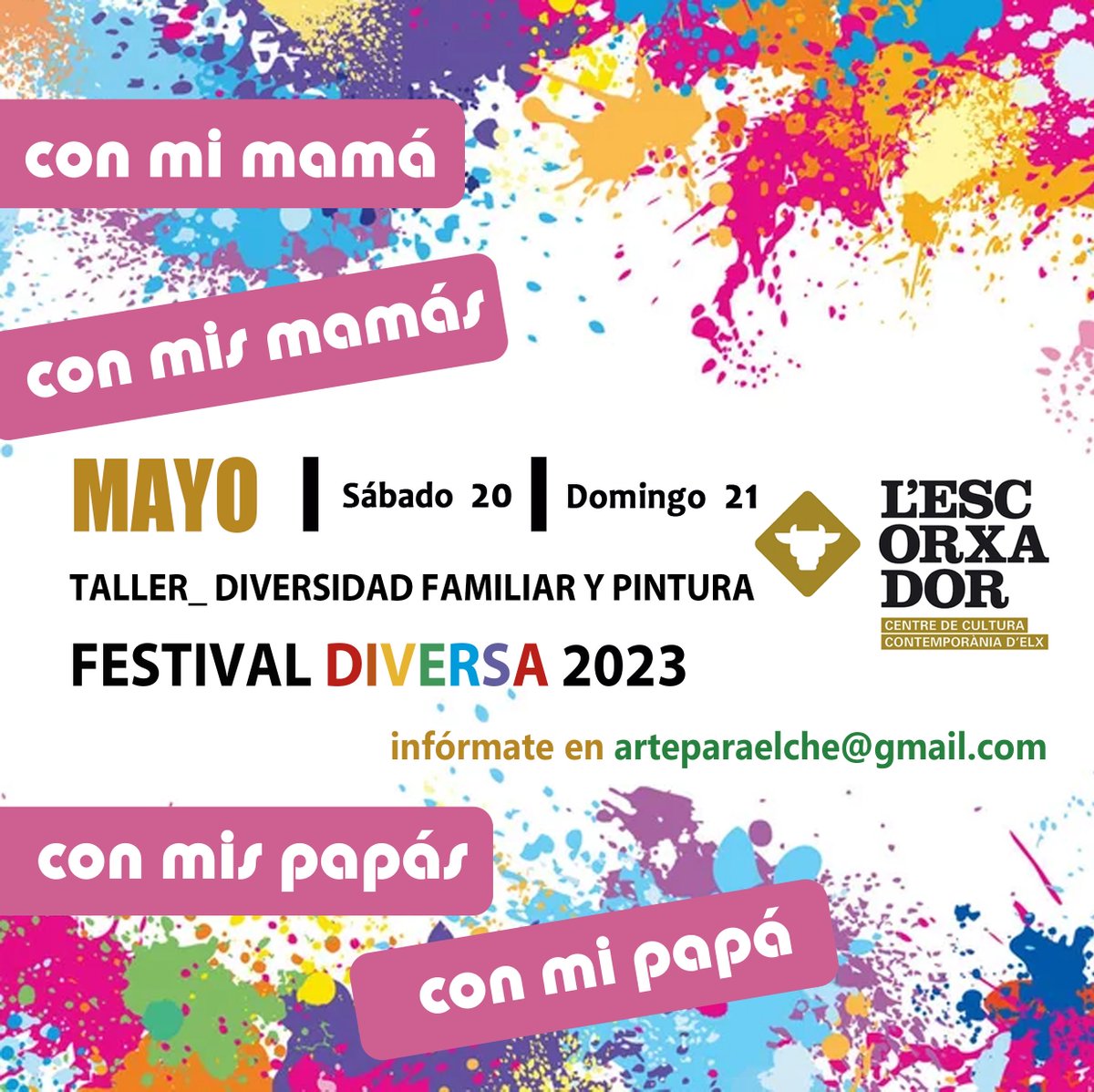 🏳️‍🌈🎨 Taller de arte en familia 🎨🏳️‍🌈
📆 20 y 21 de mayo, 11:00
📌 Sala Plàstiques CCCE L'Escorxador
👉 Inscripciones: arteparaelche@gmail.com
-
🏳️‍🌈🎨 Taller d'art en família 🎨🏳️‍🌈
📆 20 i 21 de maig, 11.00
📌 Sala Plàstiques CCCE L'Escorxador
👉 Inscripcions: arteparaelche@gmail.com