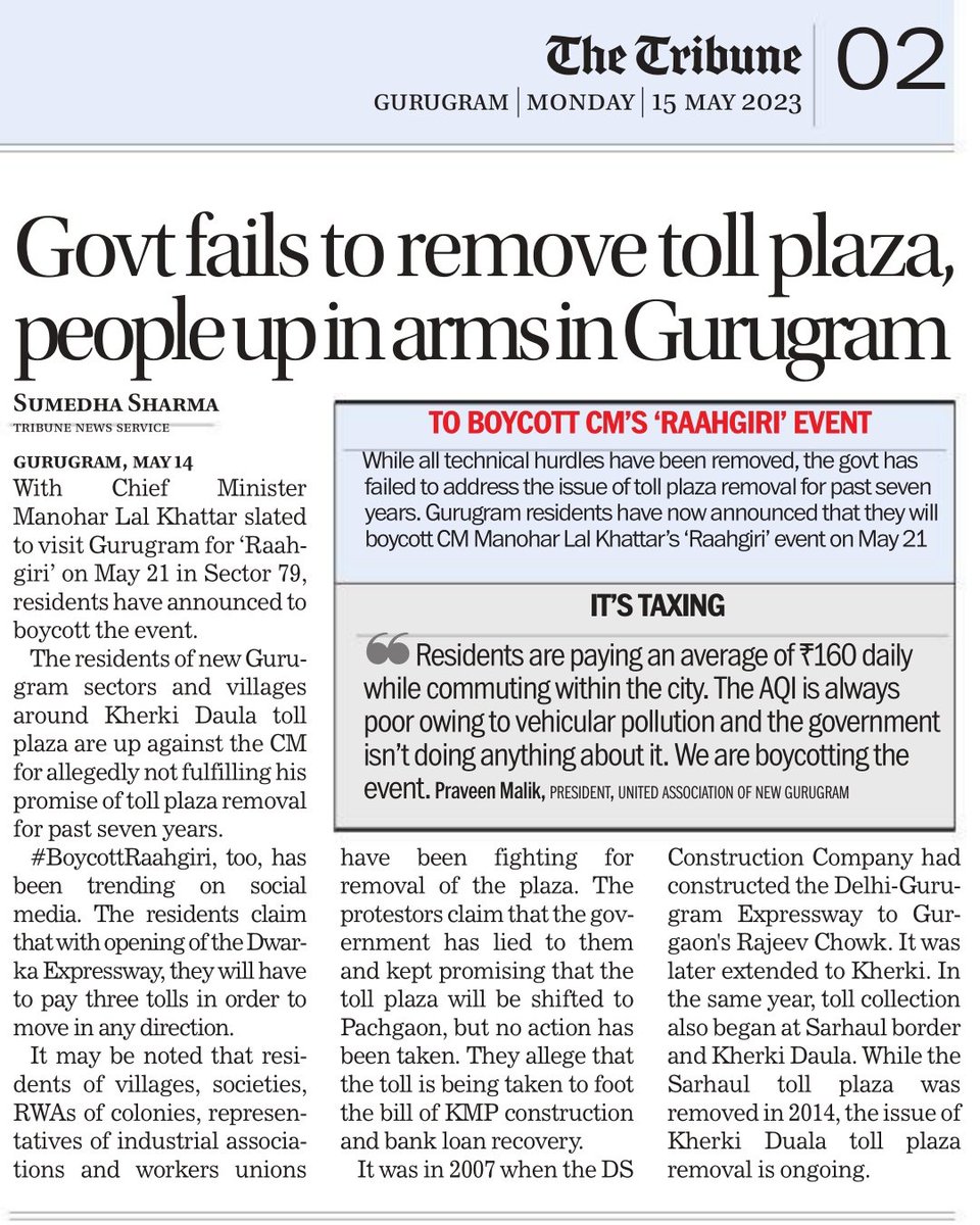 sumedhasharma86's tweet photo. Haryana Govt fails to remove toll plaza, people up in arms  to boycott @Raahgiri_Fdn on May 21 with @cmohry @mlkhattar as chief guest. 
@DevelopNewGgn
@thetribunechd
#KherkiDaulaToll
@KDTollRemoval
#boycott
https://t.co/xbRjyxY19c https://t.co/vq5p3mw6EV