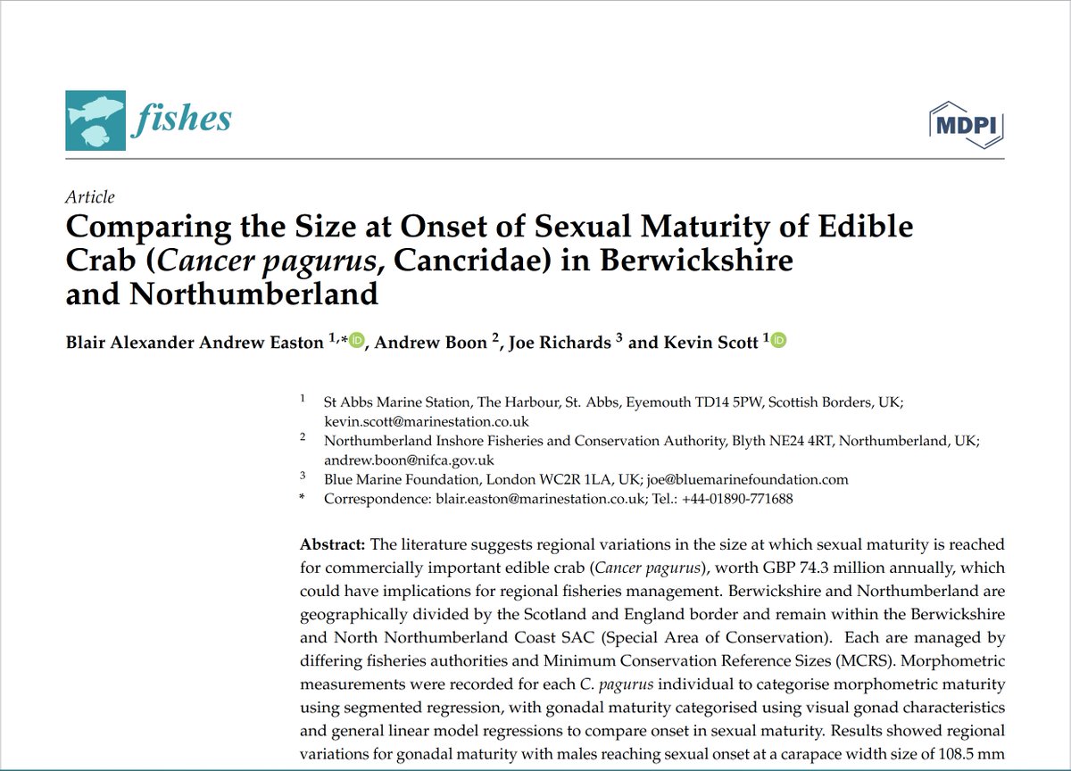 New Publication Day! <a href="/MarineBio_Blair/">Blair Easton</a> and Dr. Kevin Scott have published a research article with <a href="/N_IFCA/">Northumberland IFCA</a> and <a href="/Bluemarinef/">Blue Marine Foundation</a> focussed on the comparisons of sexual maturity in edible crabs in Berwickshire and Northumberland. Follow the link below for more:
mdpi.com/2293018