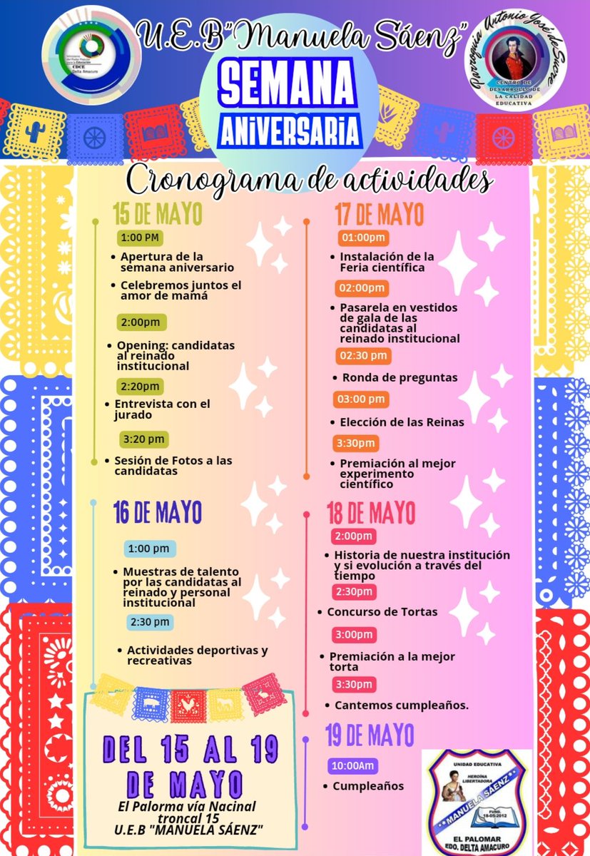 Los invitamos a compartir con nosotros 11años de trayectoria en la U.E.B. Manuela Sáenz, aquí te dejamos nuestra programación semanal🤭
#SomosPuebloDigno 
<a href="/_LaAvanzadora/">Yelitze Santaella</a> 
<a href="/Zonaeducadelor1/">EDUCA DELTA</a> 
<a href="/NicolasMaduro/">Nicolás Maduro</a> 
<a href="/MPPEDUCACION/">MPPEDUCACION</a>