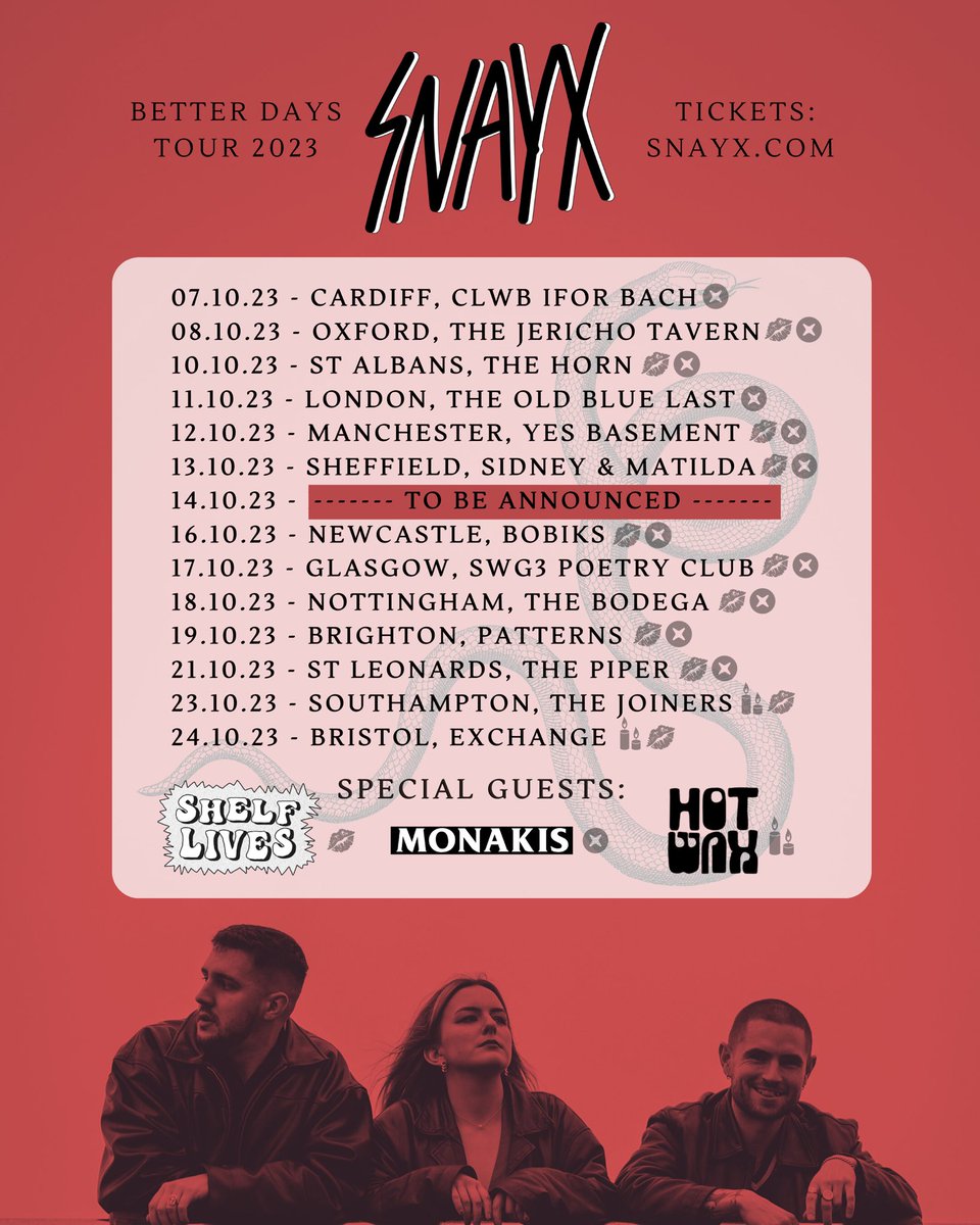 🚨We are hitting the road again supporting @SNAYX_UK along with babes @hotwaxbandd and @wearemonakis 🚨 Came catch this travelling circus in October! 🤡 Tickets at snayx.com