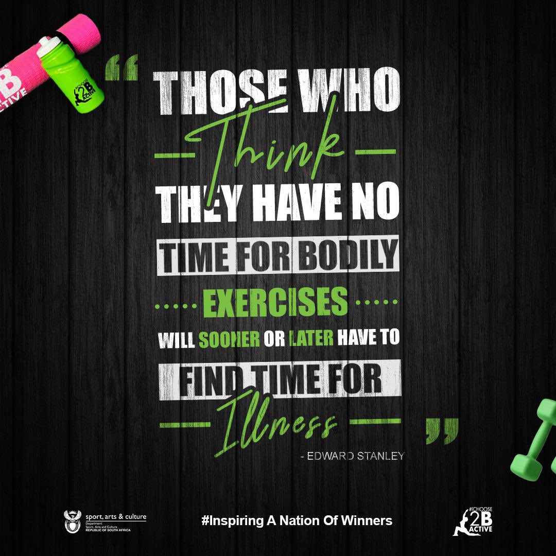 Ichoose2BActive's tweet photo. โThose who think they have no time for bodily exercises will sooner or later have time for illnessโ
-Edward Stanley
#IChoose2BActive
#VirtualGym
#NeverSkipMonday https://t.co/N4PIdDfOgA
