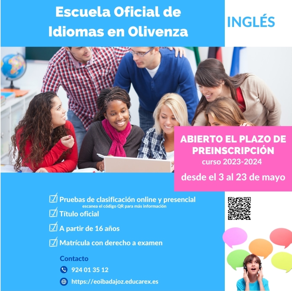 ¡Olivenza!

¿Queréis estudiar y/o mejorar vuestro nivel de inglés?

¡Pues venga, tenéis hasta el 23 de mayo para preinscribiros!
