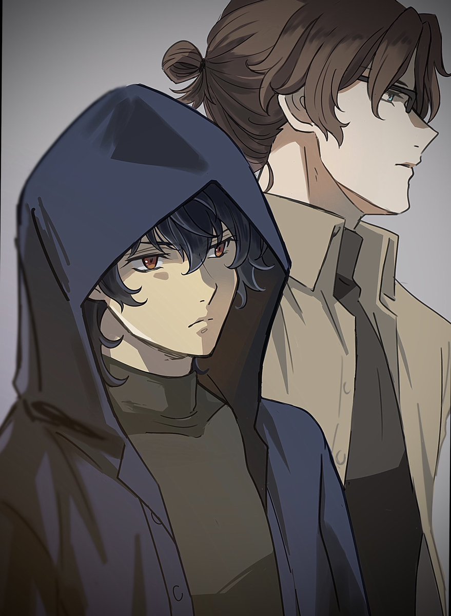 multiple boys hood 2boys brown hair hood up black hair male focus  illustration images