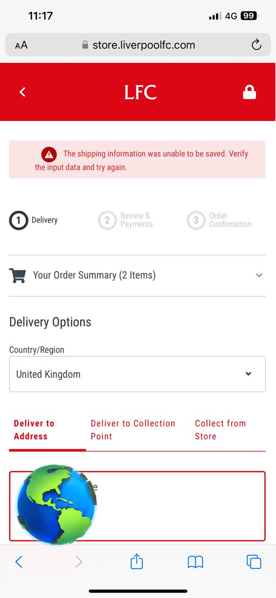 Cotter86's tweet photo. @LFCHelp trying to order Liverpool home tops but can’t get past the select address part. Comes up with a warning message https://t.co/mOGW387fgL