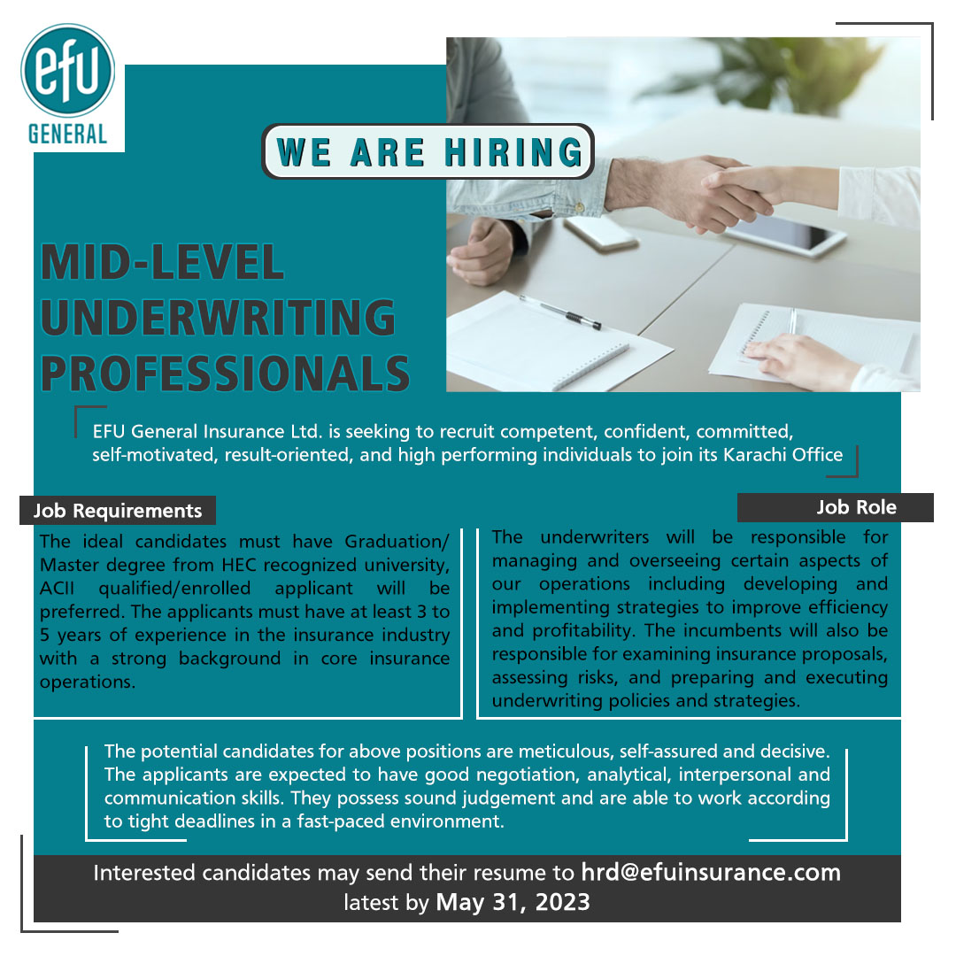 efugeneralltd's tweet photo. We are Hiring
MID-LEVEL UNDERWRITING PROFESSIONALS
Interested candidates may send their resume to hrd@efuinsurance.com latest by May 31, 2023
Karachi Office

EFU General Insurance Ltd.
https://t.co/OWHYDHNrJQ

#efuinsurance #wearehiring #hiring #jobs https://t.co/0w3l2PB41l