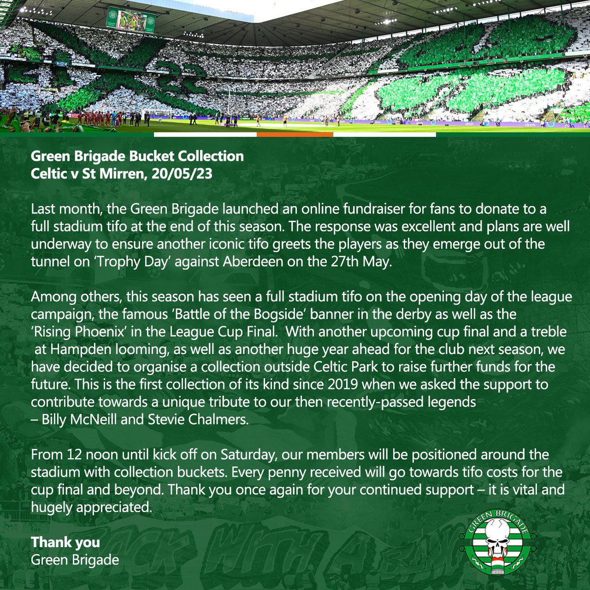 Green Brigade 'Tifo Fund' bucket collection v St Mirren, 20/05/23

Online donations can be made at gofund.me/c20ee549