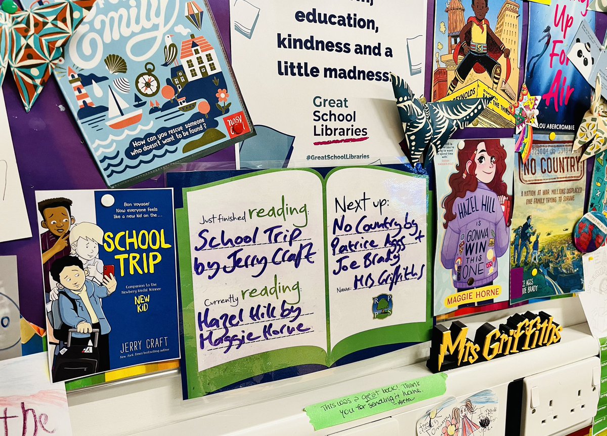 RPPS_Library's tweet photo. My #currentbooks display is now up to date again! I adored #SchoolTrip by the incredible @JerryCraft - #NewKid series is a must read for children &amp; adults alike! 

I am loving #HazelHill by @MaggieHasHornes 🌈

Next up is the stunning #NoCountry by @PatriceAggs @josephobrady ❤️📚 https://t.co/CtDaixWKy4