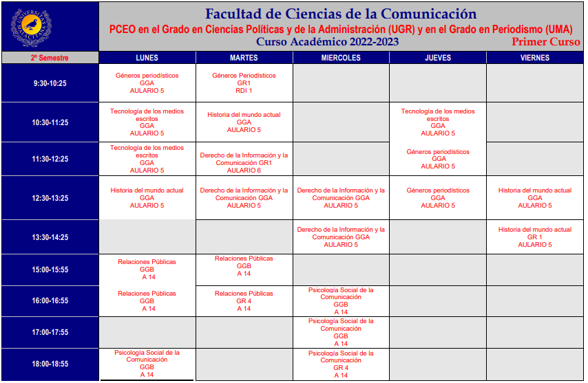 navas_33's tweet photo. Soy estudiante de la primera promoción del doble de Periodismo(@InfoUMA) y CC. Políticas @CanalUGR) y estos son mis horarios en la Facultad de Comunicación en Málaga el año sig.
La mala organización de la #UMA: huecos muertos, almuerzos discontinuos, estrés...
#educación #PCOE + https://t.co/zQnPVPkVDe