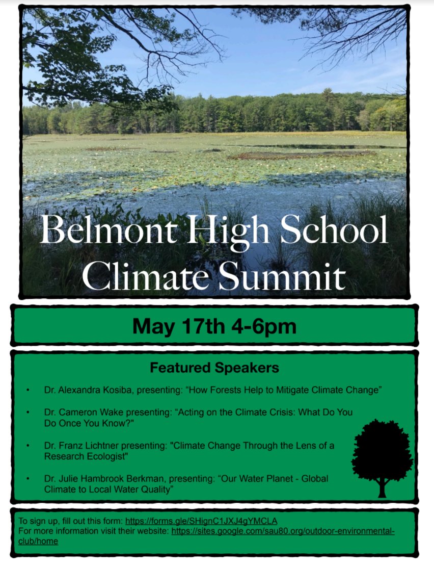 BHS Climate Change Summit - May 17th
Please join us for the third Belmont High School Climate Summit on Wednesday, May 17th, from 4-6pm on Zoom! Each year this event brings together climatology leaders from around New England to teach and inspire communities.