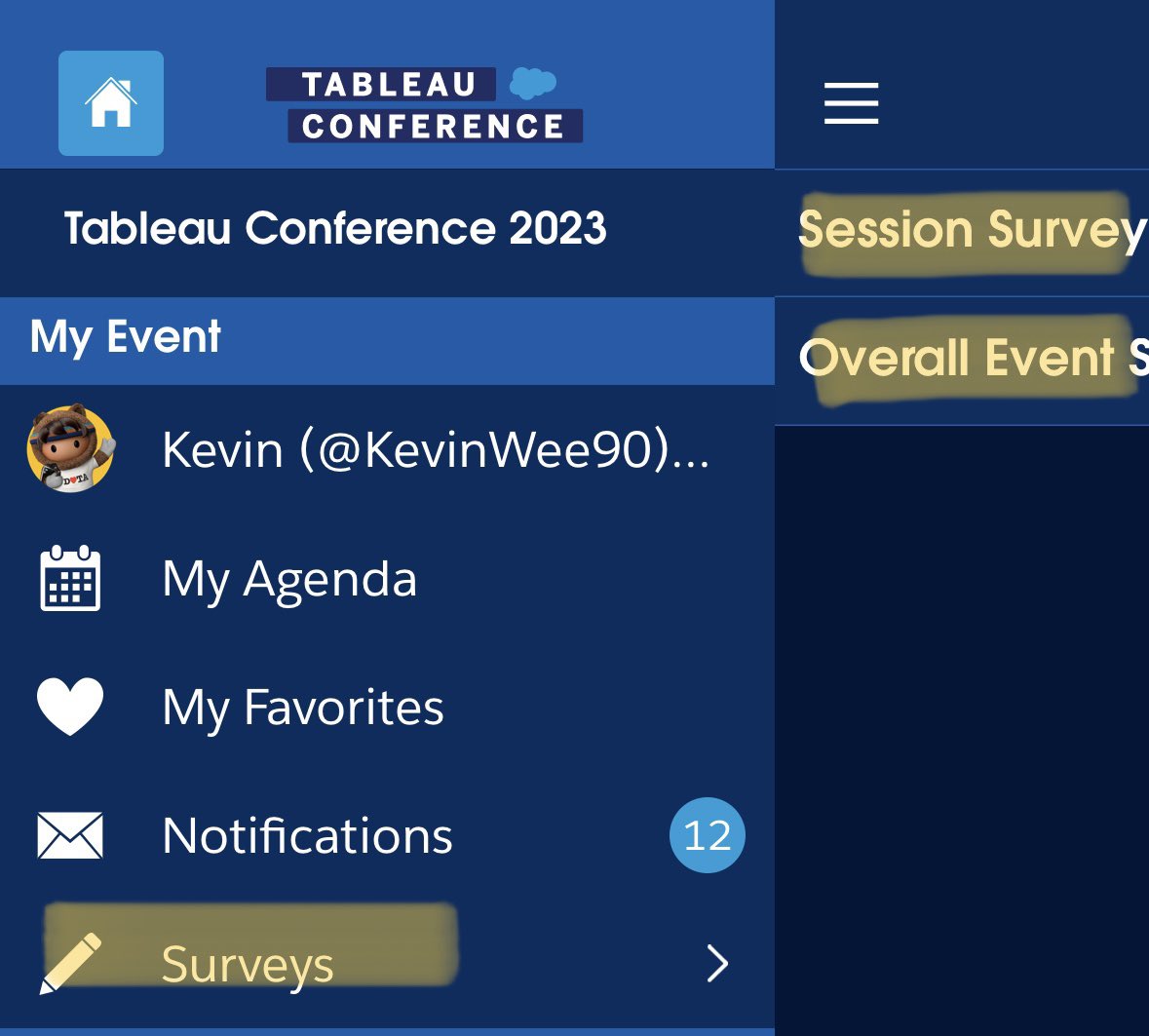KevinWee90's tweet photo. 🚨Hi #Datafam, survey feedback helps speakers (&amp; organizer) understand the audience’s experience so that we may improve our content &amp; presentation. 

If you attended the @Tableau conference in-person, plz submit your feedback to the sessions you went to. 

Thanks a lot!

#data23 https://t.co/C7Dl4dabRW