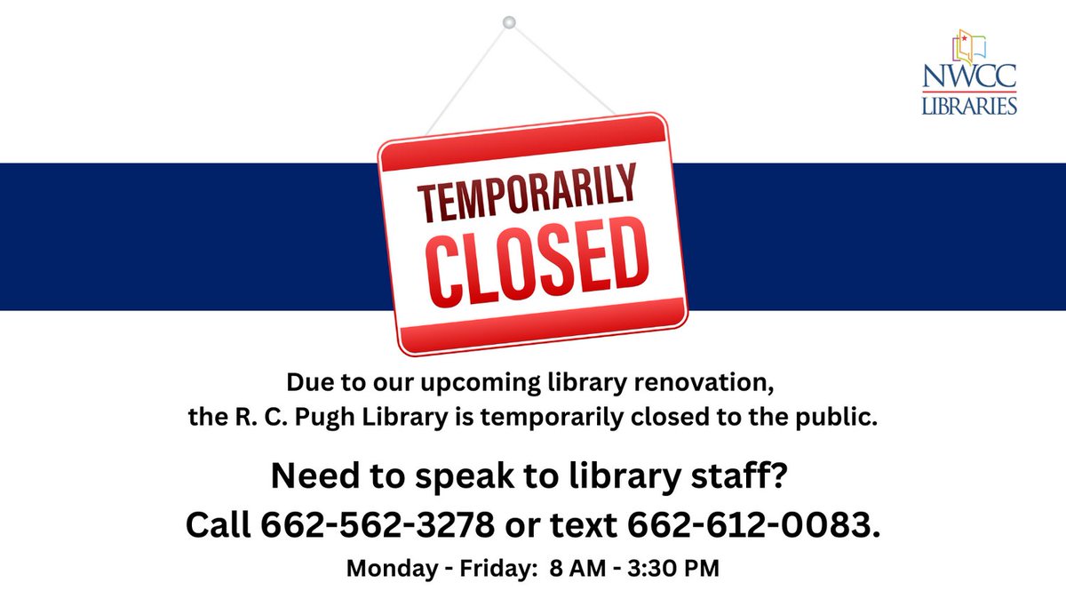NWCC_Library's tweet image. The R. C. Pugh Library on the Senatobia campus is temporarily closed due to an upcoming renovation.

If you need to speak to R. C. Pugh library staff, call 662-562-3278 or text 662-612-0083.

Our DeSoto and Oxford campus libraries are open and operating under their summer hours.