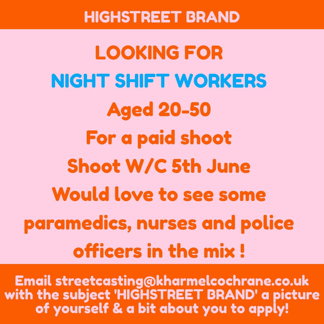hellolucykenny's tweet photo. #CASTING for night shift workers (paramedics, nurses, police) email streetcasting@kharmelcochrane.co.uk https://t.co/6AYOzJpUNm