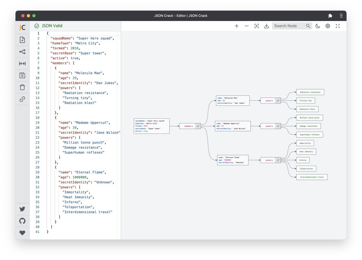 DataChaz's tweet image. Looking to understand or explore some JSON?
Just paste or upload to visualize it as a graph with jsoncrack.com! 🤩
Kudos to @aykutsarach for creating this gem in #opensource!