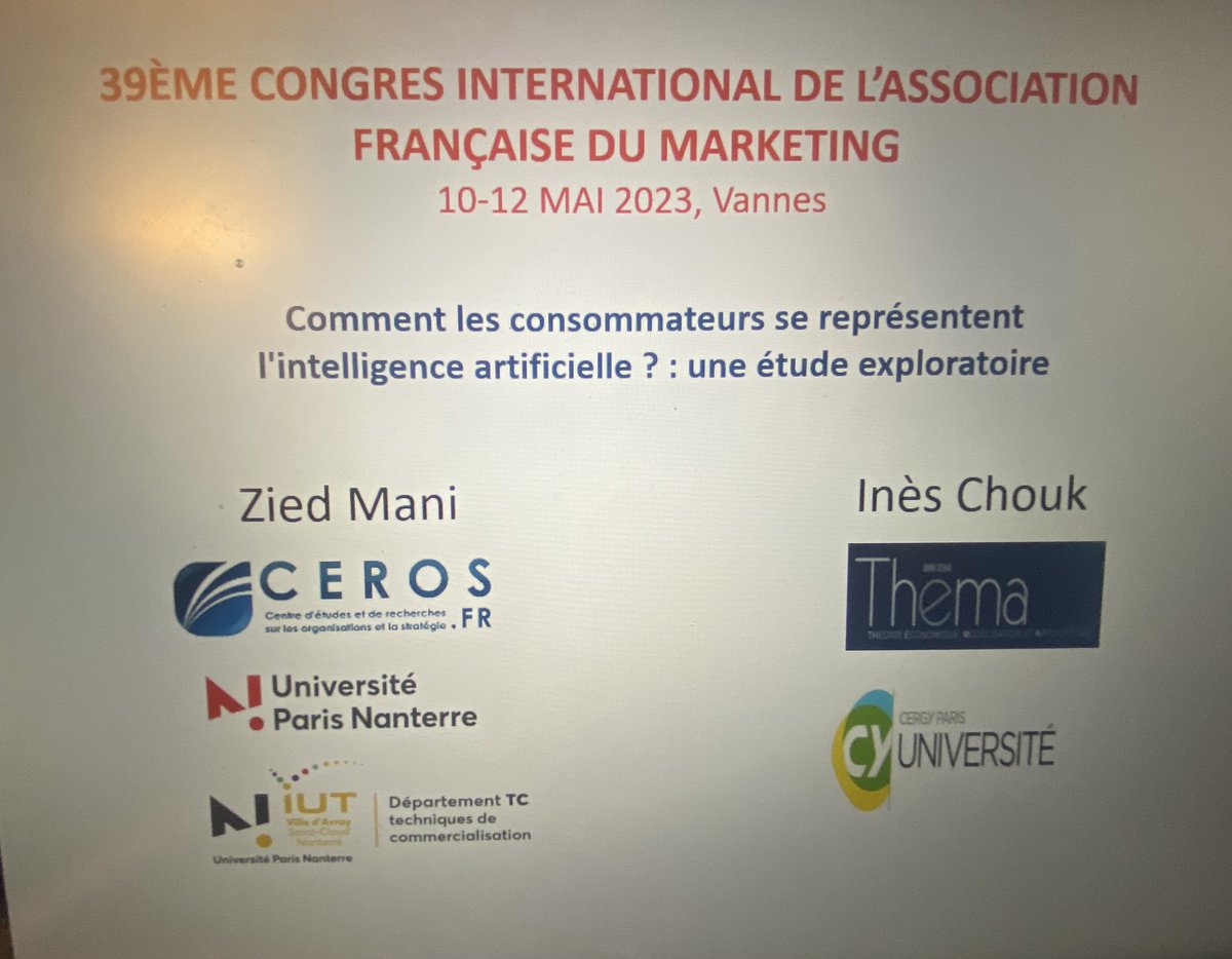 Quel plaisir de retrouver la communauté au congrès de l’@afm_marketing à Vannes ! Heureuse d’y avoir présenté avec <a href="/ZiedMani/">Zied Mani</a> deux communications sur l’intelligence artificielle dans une session présidée par @CloarecJulien !  Bravo à l’équipe organisatrice pour ce beau congrès !