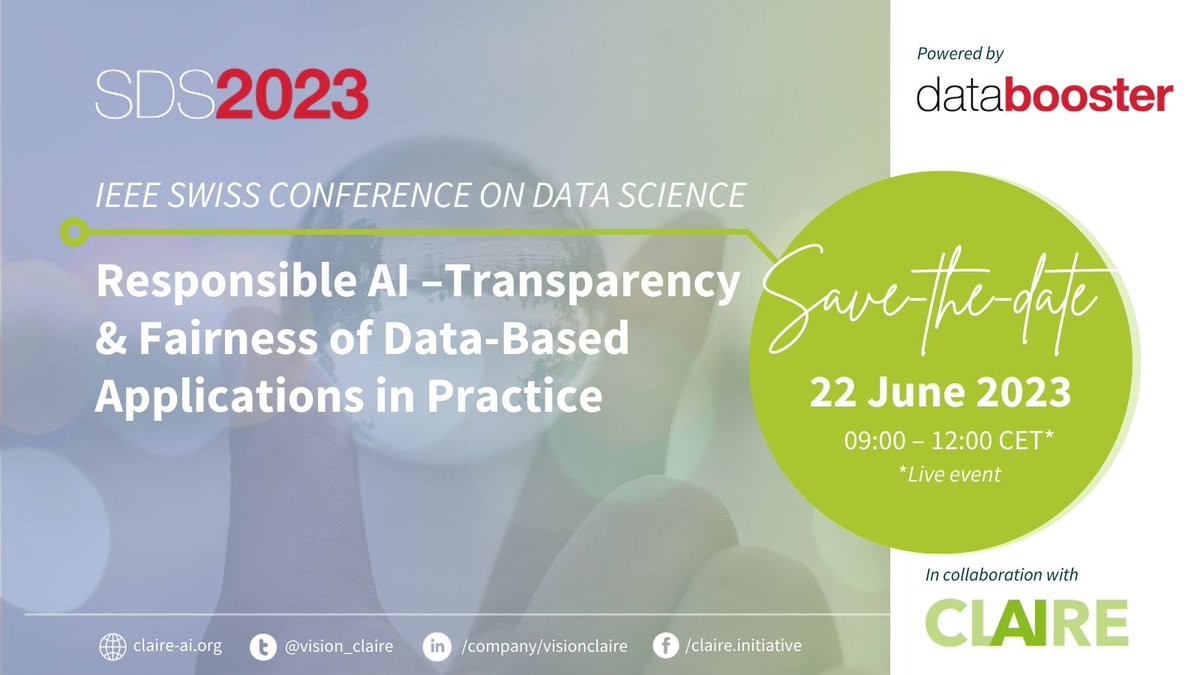 CAIRNE (@cairne_eu) on Twitter photo ✨In #collaboration with CLAIRE | Zurich, <a href="/IB_Databooster/">Databooster</a> is organising a workshop on #ResponsibleAI – #transparency & #Fairness of data-based applications in practice
📅22 June⏰09:00–12:00CET📍Zurich🇨🇭
🔗sds2023.ch/registration
#ArtificialIntelligence #data #innovation #AI ✨In #collaboration with CLAIRE | Zurich, <a href="/IB_Databooster/">Databooster</a> is organising a workshop on #ResponsibleAI – #transparency & #Fairness of data-based applications in practice
📅22 June⏰09:00–12:00CET📍Zurich🇨🇭
🔗sds2023.ch/registration
#ArtificialIntelligence #data #innovation #AI