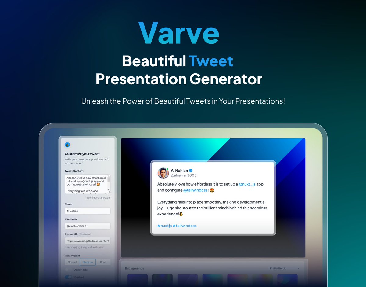 alnahian2003's tweet photo. 🐛Ninja bug slayer! 💥🔍 Tweaking minor features like a boss! 💪😎
Introducing 'Varve' my side project that generates stunning tweet images! 🌟📸
📸 Experience the magic at https://t.co/0zU2CAwpzt and level up your tweets! 🚀✨
#BugHunter #Varve #sideproject #tweet #programming https://t.co/4NaNwLpn4c