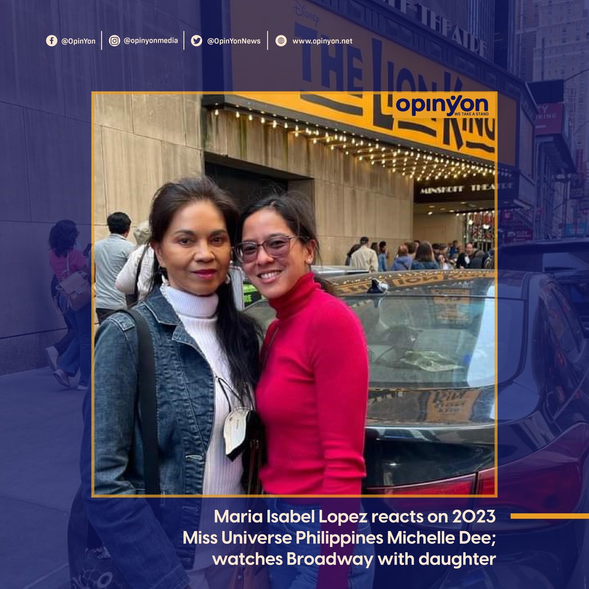 OpinYonNews's tweet photo. Maria Isabel Lopez reacts on 2023 Miss Universe Philippines Michelle Dee; watches Broadway with daughter
By Boy Villasanta
Read more
https://t.co/3SM6Q9to7Q
#MariaIsabelLopez #MissUniversePH #MichelleDee #Broadway #Daughter
Photo Credit: Maria Isabel Lopez's Facebook https://t.co/R6tsCz9TQ2