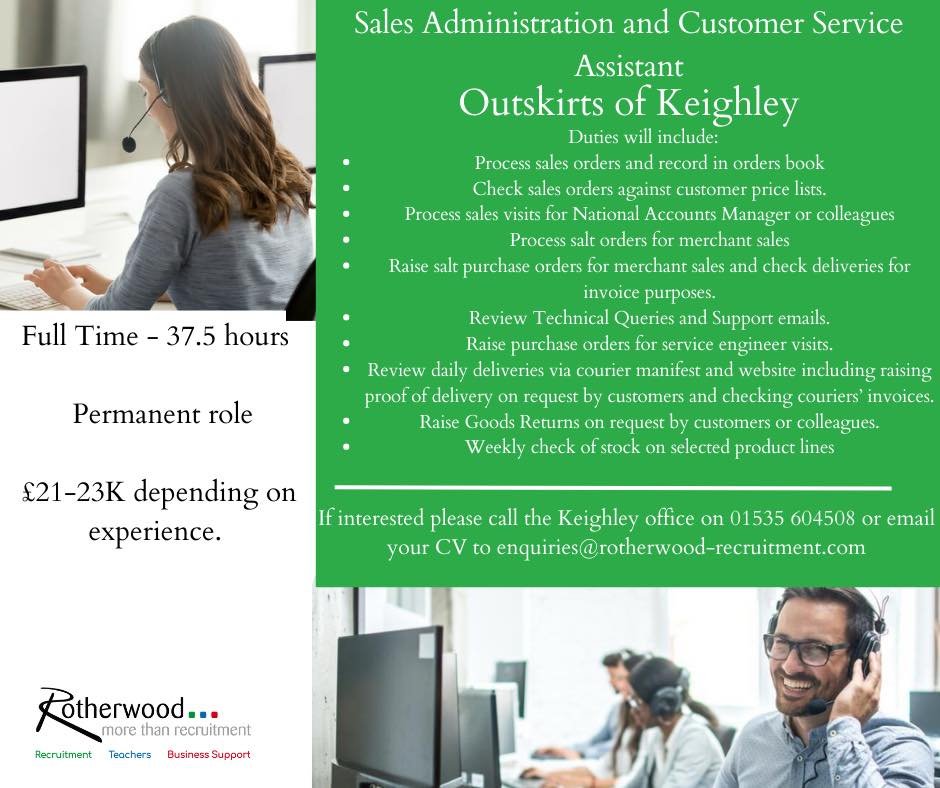 Sales Administration and Customer Service Assistant required in Keighley.

Please call for more info 01535 604508 📷📷

#NewVacancy #Keighley #Recruitment