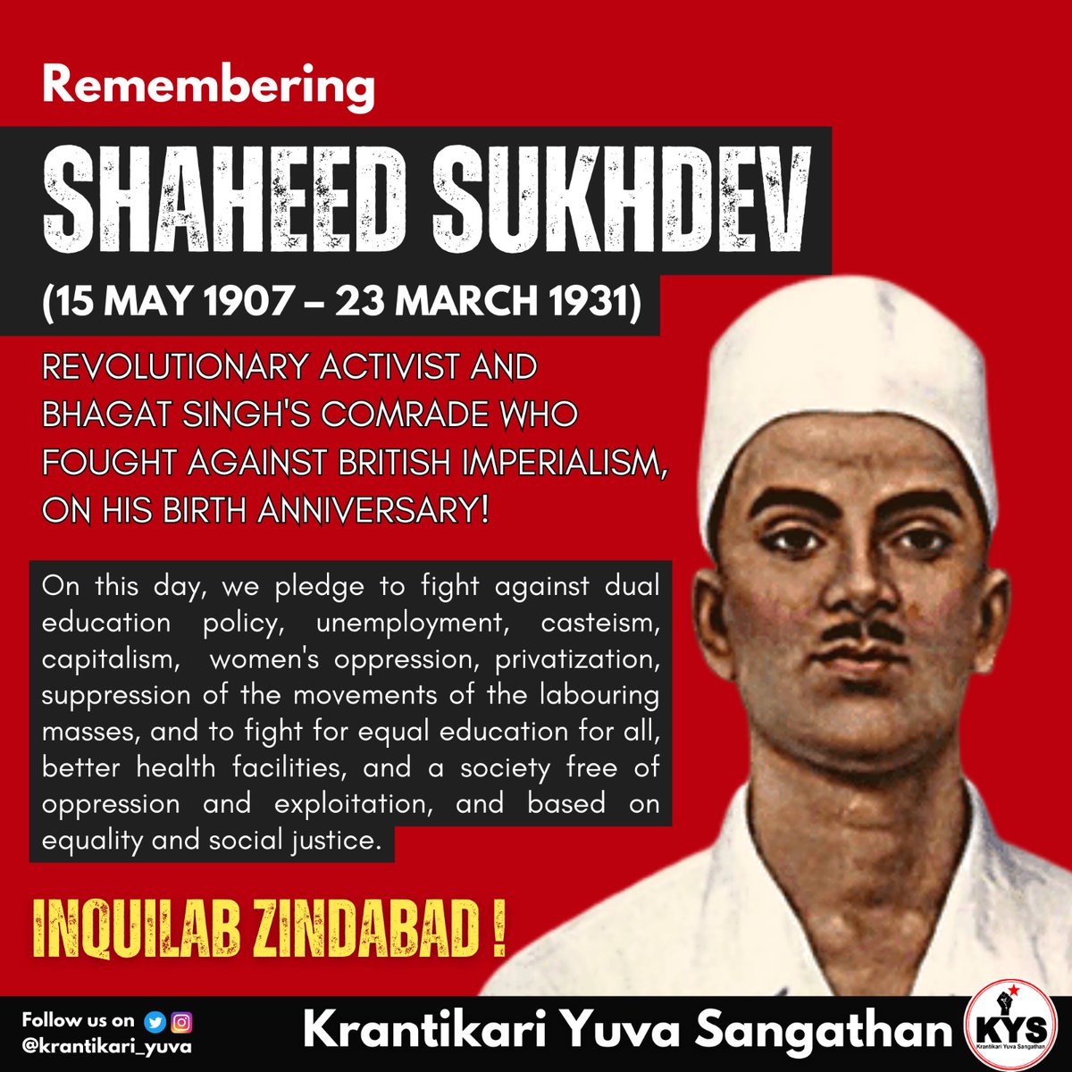 krantikari_yuva's tweet photo. Remembering revolutionary activists #ShaheedShukhdev on his birth anniversary. https://t.co/3HdrHax6Fd