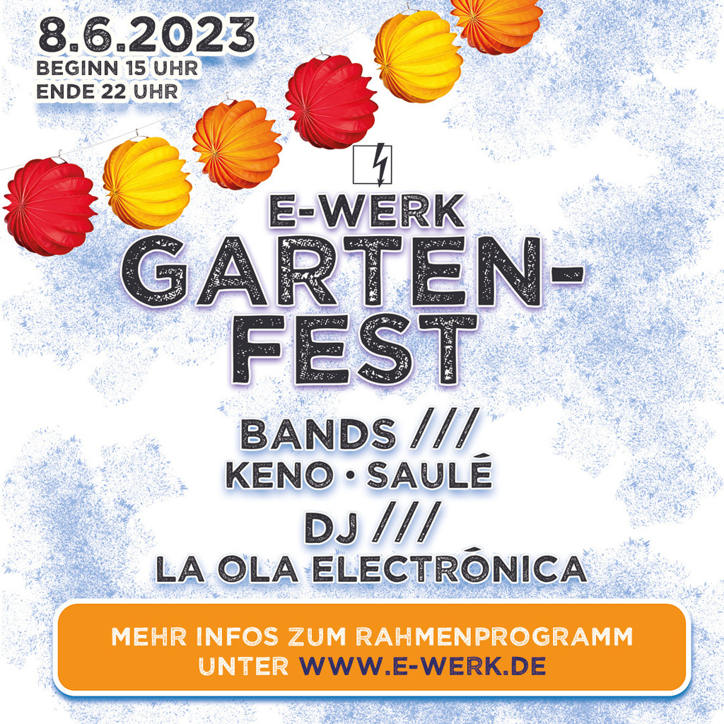 Wir feiern im Garten! 

Das E-Werk feiert am 8. Juni seinen Biergarten mit einem abwechslungsreichen Programm über den ganzen Tag. 

Neben DJing von der La ola electrónica Crew spielt die Singer Songwriterin Saulé gemeinsam mit ihrer Band für euch. Als H… instagr.am/p/CsQni7DS3e5/