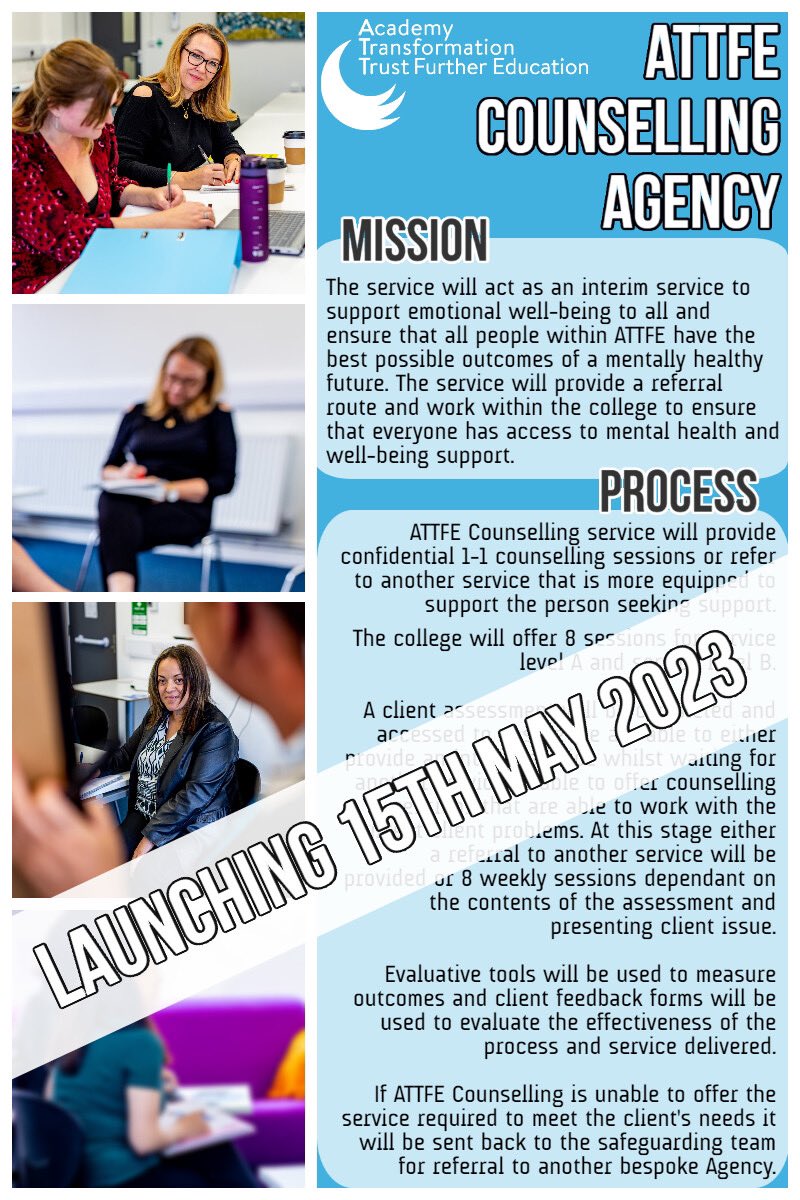 ATTFE_CMLS's tweet photo. It's an exciting day today for @ATT_FECollege as we have launched our 'In-house Counselling Service!' 📣

We are excited to launch this new initiative, furthering the support we can offer our staff and learners. 💭💙 #HealthandWellbeing #MentalHealthAwarenessWeek #Counselling https://t.co/eimC4V67H8
