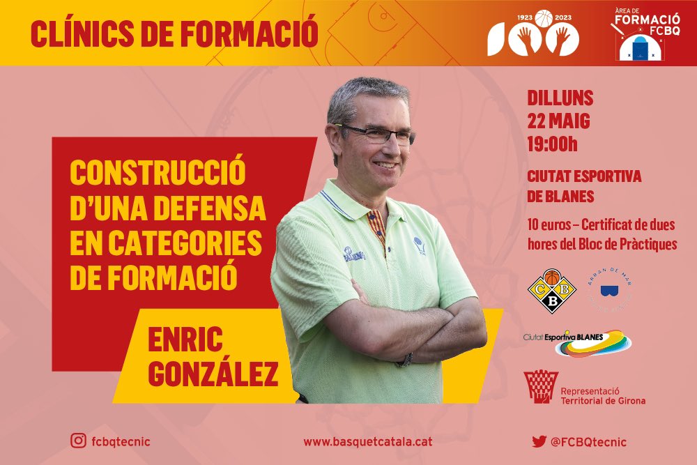 FORMACIÓ CONTINUADA | 🏀 Clínic d'Enric González: 'Construcció d’una defensa en categories de formació'

 📆 Dilluns 22 de maig (19 h)
📍 Blanes
🎟️ 10€ / Certificat de dues hores
💻 basquetcatala.cat/noticies/10067
👉 inscripcions.basquetcatala.cat/call/31279