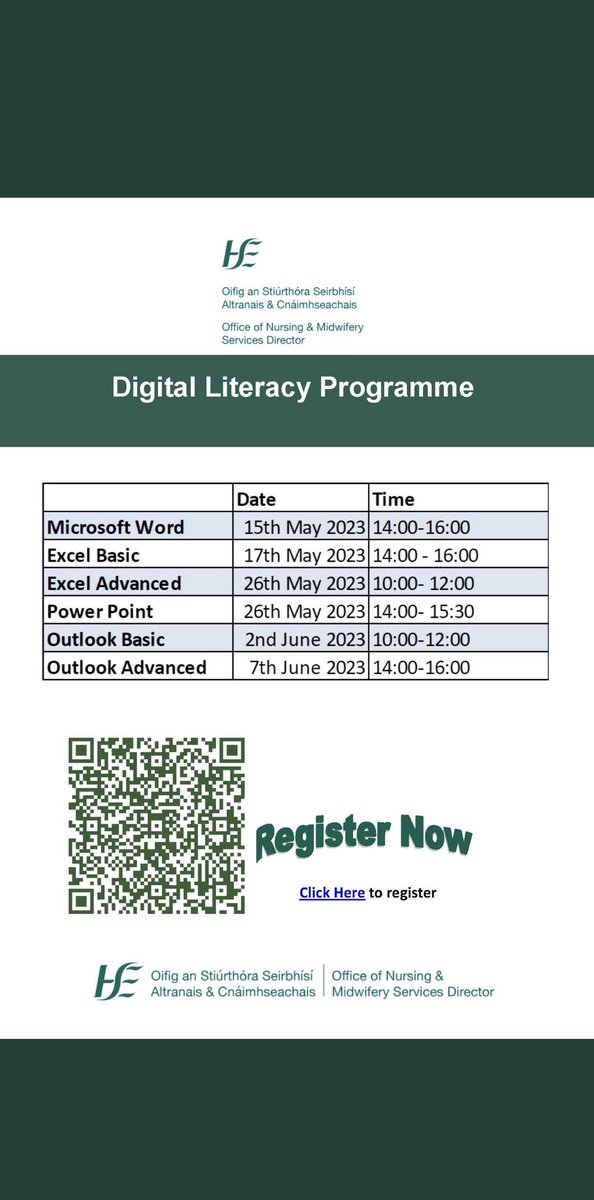 Digital Literacy programmes are now available for Nurses and Midwives and will be scheduled in the month of May and June. See below schedule of programmes available ⬇️ Link to register: hse.webex.com/webappng/sites… Any queries contact Annep.Jesudaon@hse.ie Please retweet 🙏