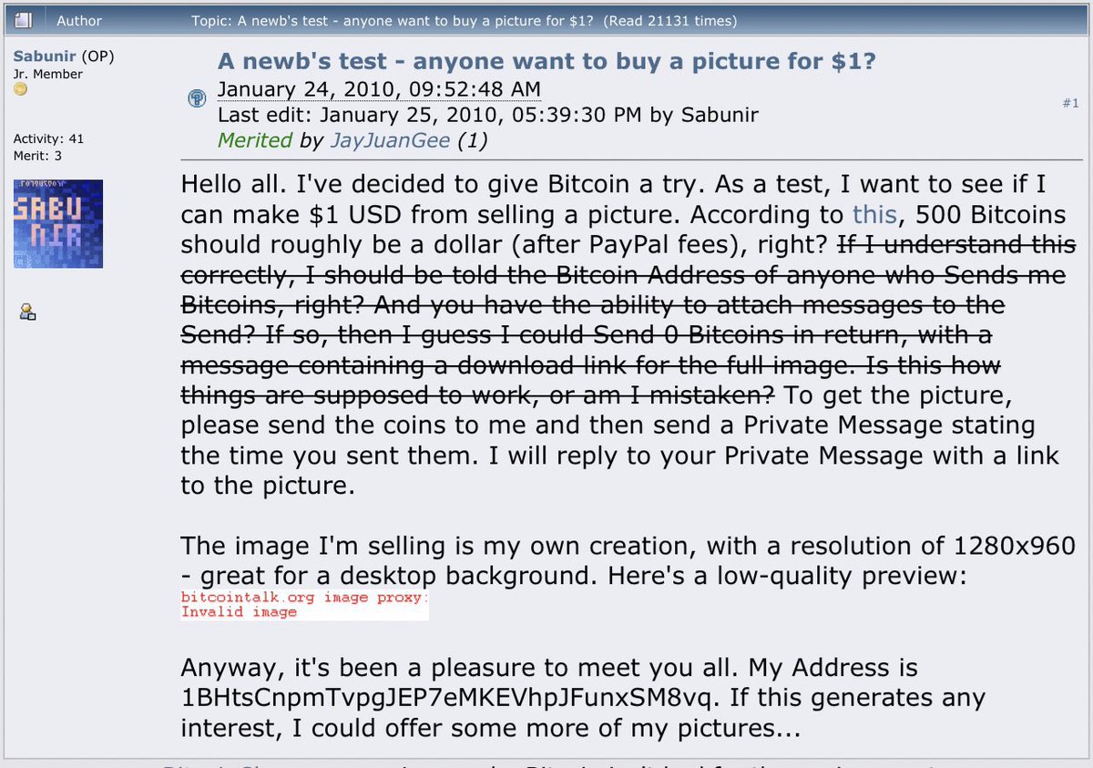 The first NFT 🖼 ever purchased was for 500 #Bitcoin in 2010. 
it pre-dates the the famous 10,000 BTC pizza
Unfortunately, exactly what image they were selling is unclear🤔