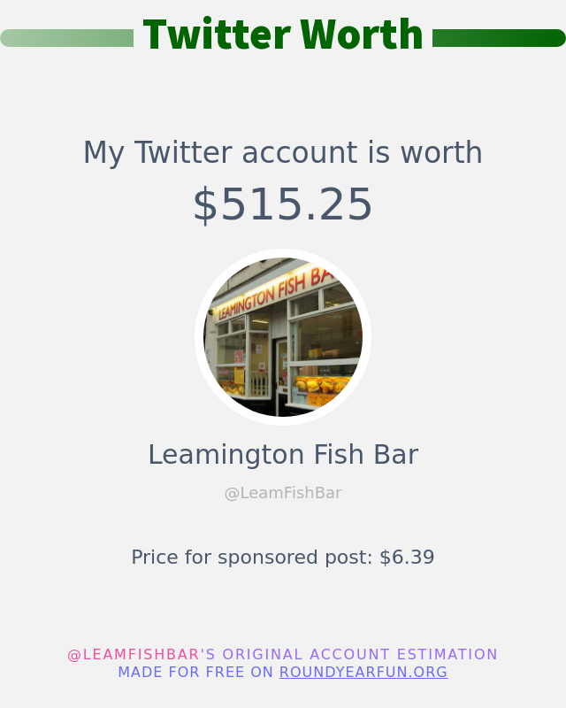LeamFishBar's tweet photo. My Twitter worth is: $515.25

➡️ https://t.co/2jj0MKuB7l https://t.co/lYeXmnNUuA