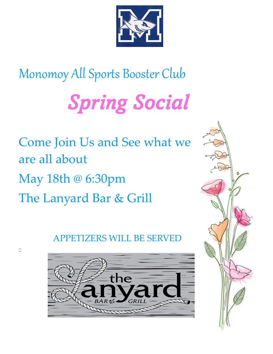 MonomoyBoosters's tweet photo. May is a busy month –
**Wed, May 17th @ 6:30 PM our monthly meeting will be held at Monomoy High school.
**Thurs, May 18th @ at 6:30 PM We will host a social at the Lanyard in Harwich. Come see what we are all about and how you can help support our athletes https://t.co/lBH3wmWZ1V