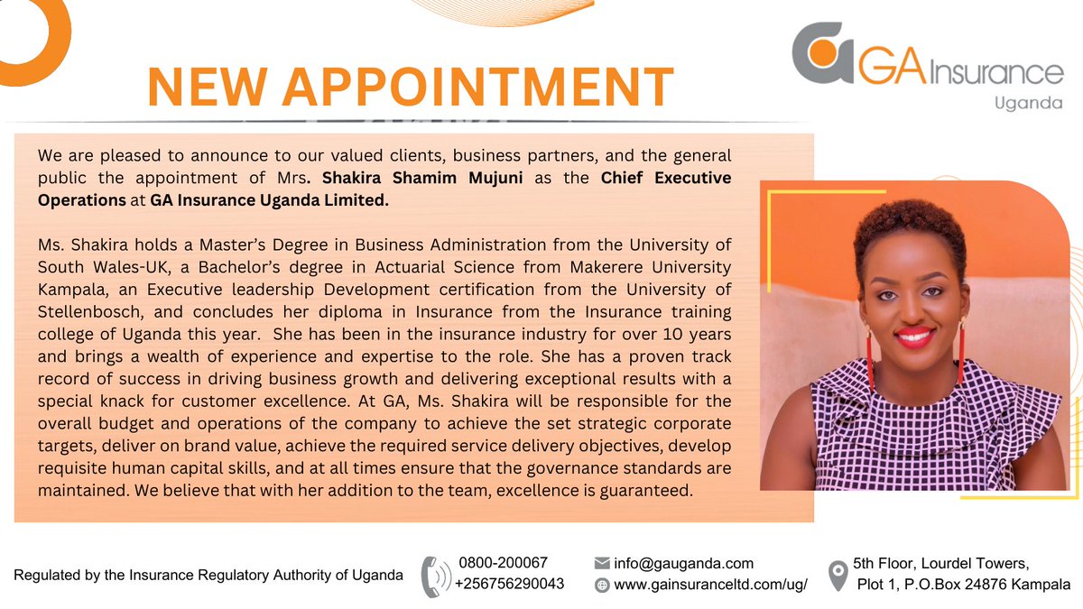 We are honoured & pleased to announce the appointment of Mrs Shakira Mujuni as the Chief Executive Operations at GA Insurance Uganda Limited.
#GAInsurancUganda #NewEmployee