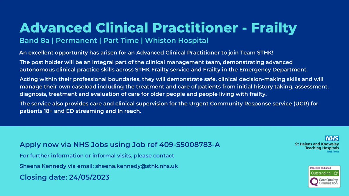 ❤️ An excellent opportunity has arisen for an Advanced Clinical Practitioner to join Team STHK! 

✅ Apply now: buff.ly/44M2aZB 

📅 Closing date: 25/05/2023

#WeAreTheNHS #NHSJobs #NHSRecruitment #ClinicalPractitioner #AdvancedClinicalPractitioner #ACP