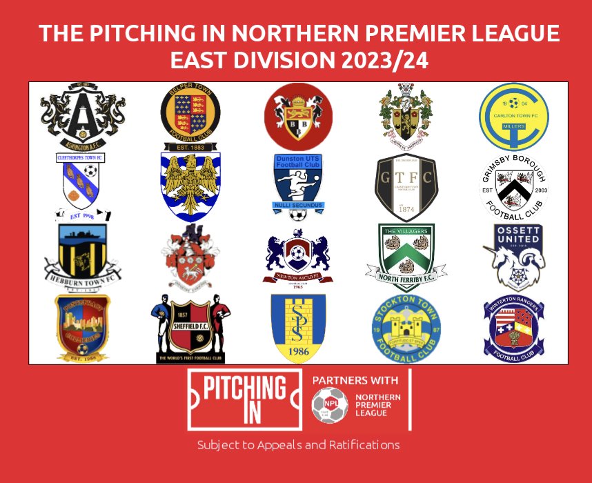 THE @PitchingIn_ NPL EAST DIVISION 23/24

@Ashington_FC
@BelperTownFC
@BridTownAFC
@brighousetownfc
@CTFC1904
@CleeTownFC
@ConsettAFC
@dunstonutsfc
@granthamtownfc
@Grimsby_Borough
(Subject to FA Ratification and Appeal)